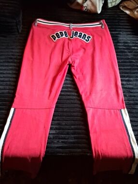 Vintage Pepe Jeans Coral-Red Track Pants with Navy & White Side Stripes